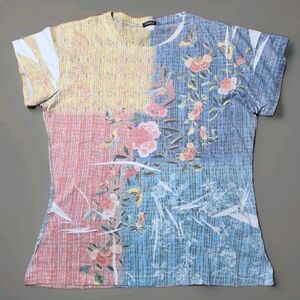YUKIKO Artwear Tee Japanese Floral Patchwork Print Graphic Top Women XXL